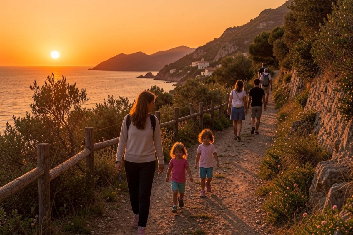 Famiglie che esplorano un sentiero a Ischia con bambini