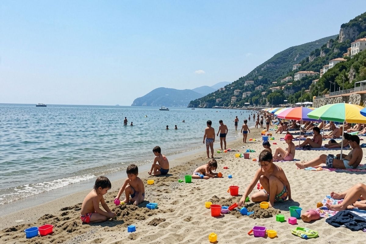 Un'immagine della spiaggia di Ischia con bambini che giocano sulla sabbia e il Castello Aragonese sullo sfondo