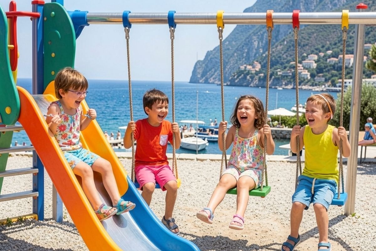 Un'immagine di bambini che esplorano un parco giochi o un museo a Ischia, sorridenti e impegnati in attività ludiche