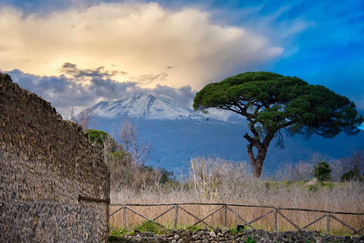 Veduta panoramica del sito archeologico di Pompei e del Vesuvio sullo sfondo